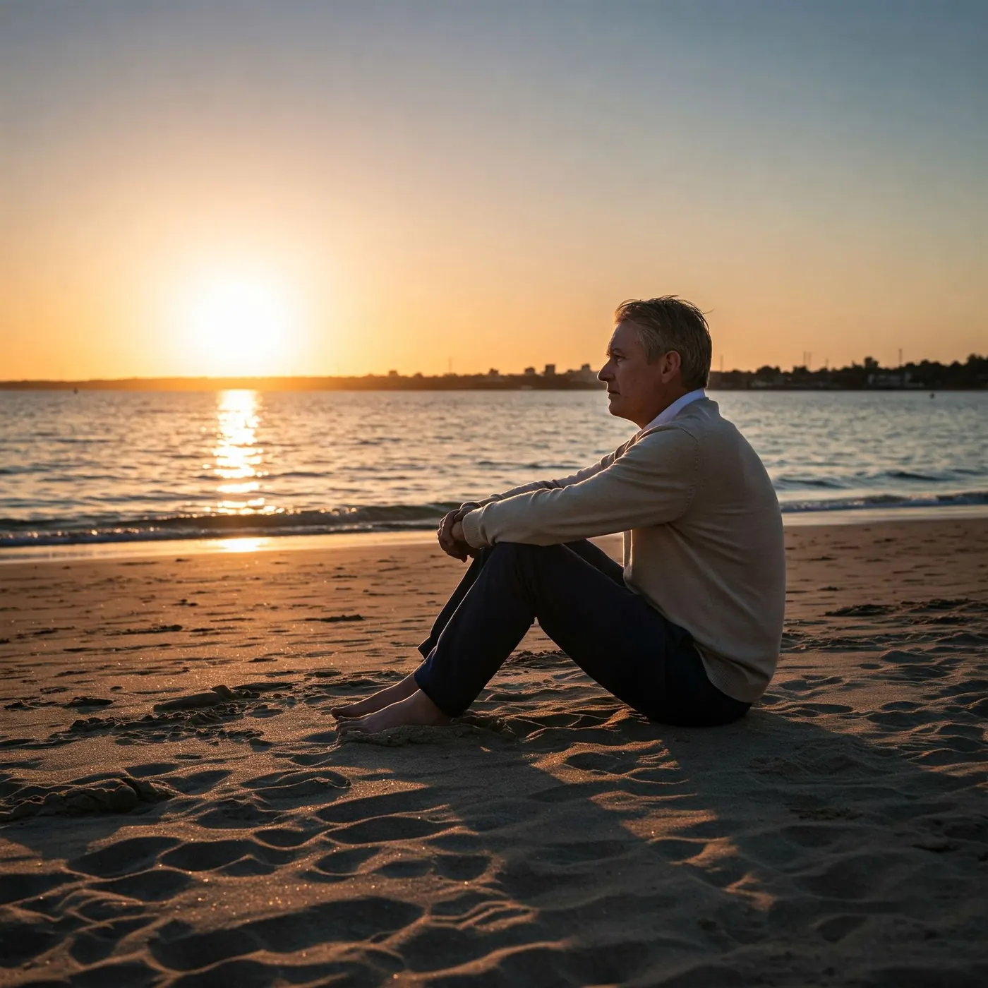A man sitting on a Melbourne beach at dusk